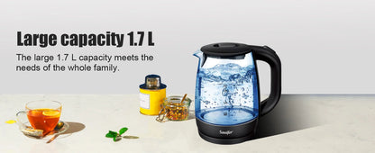 Sonifer 1.7L Glass Electric Kettle SF-2079, 2200W Fast Boil, Cordless, Blue LED Light, Auto Shut-Off, Dry Boil Protection