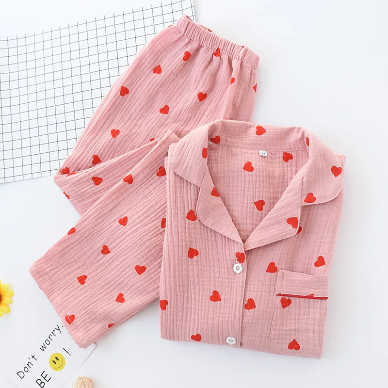 Smal Heart Printing Pink White Colors Women Trousers Pajama Set Cotton Sleepwear Clothes for Spring and Autumn Home Clothing