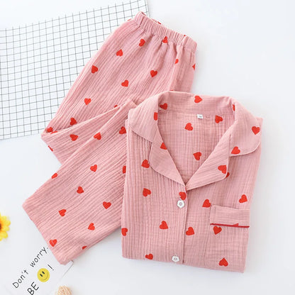 Smal Heart Printing Pink White Colors Women Trousers Pajama Set Cotton Sleepwear Clothes for Spring and Autumn Home Clothing