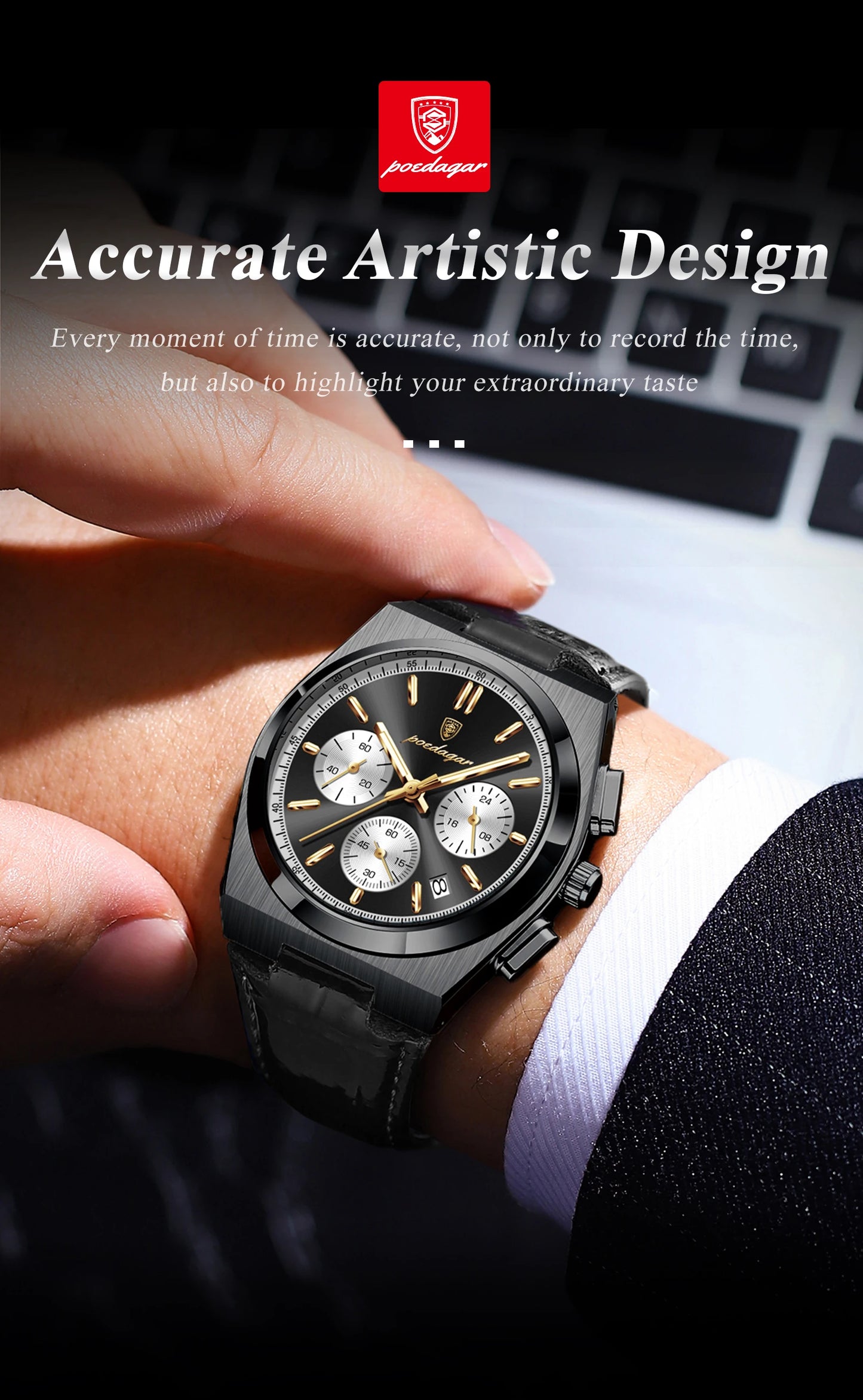 POEDAGAR Business Functional Male Watch Waterproof Luminous Chronograph Date Sports Men Wristwatch Leather Men's Quartz Watches