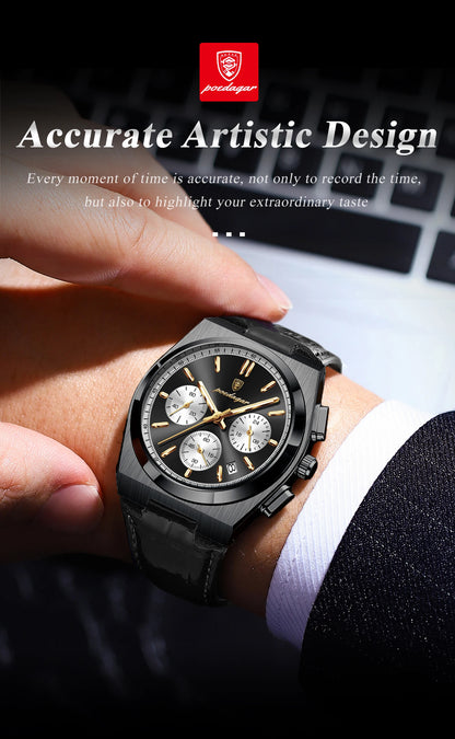 POEDAGAR Business Functional Male Watch Waterproof Luminous Chronograph Date Sports Men Wristwatch Leather Men's Quartz Watches