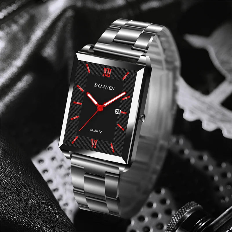 Fashion Mens Business Watches for Men Rectangle Stainless Steel Quartz Wrist Watch Man Casual Leather Watch relogio masculino