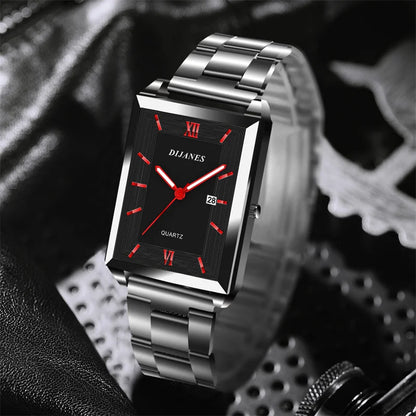 Fashion Mens Business Watches for Men Rectangle Stainless Steel Quartz Wrist Watch Man Casual Leather Watch relogio masculino