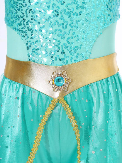 Shiny Sequin Gem Girls Halloween Jasmines Costume Kids Arabian Princess Cosplay Fancy Jumpsuit with Choker for Dance Performance