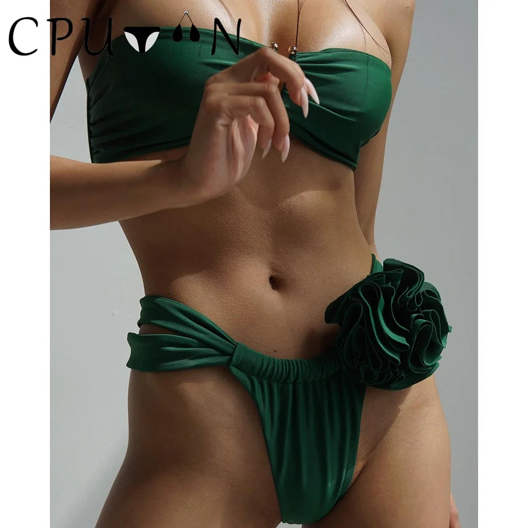 2026 New Sexy White 3D Flower Solid Two Piece Push Up Bikini Set Luxury Swimwear Women Swimsuit Beachwear Summer Bathing Suit