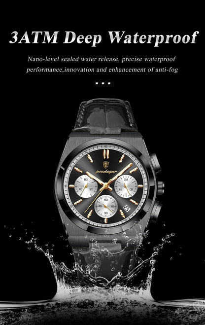 POEDAGAR Business Functional Male Watch Waterproof Luminous Chronograph Date Sports Men Wristwatch Leather Men's Quartz Watches