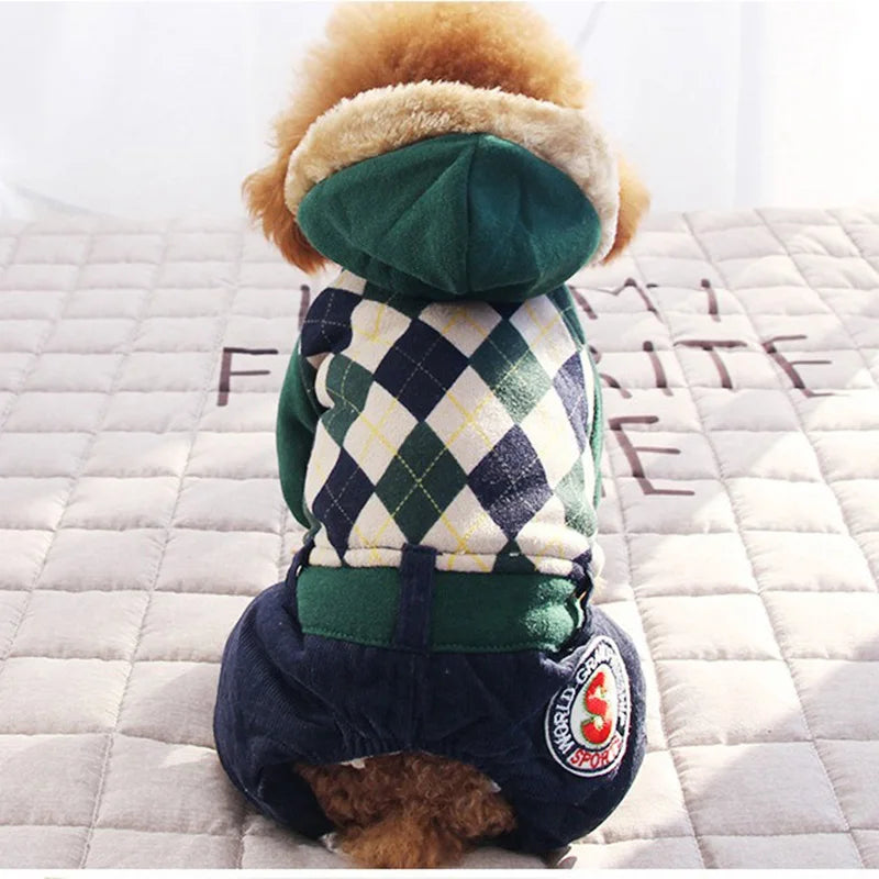 Winter Pet Thickened Warm Clothing Fashion Plaid Dog Four Legs Clothes Puppy Hoodie Teddy Yorkshire Coat Pet Supplies