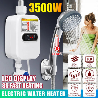 3S Instant Water Heater Shower 3500W 110V 220V Heating Bathroom Kitchen Tankless Electric Water Heater Temperature Display