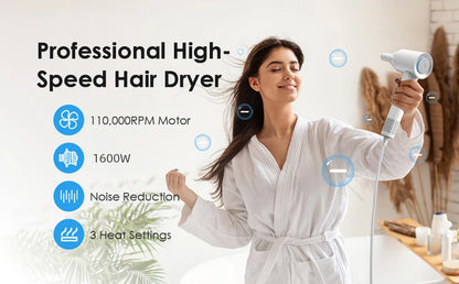 High Speed Hair Dryer ABIR SU9,360° Rotating Magnetic Nozzle,200mil Negative Ions,Low Noise,Blow Dryer 1600W Quick dry for Home