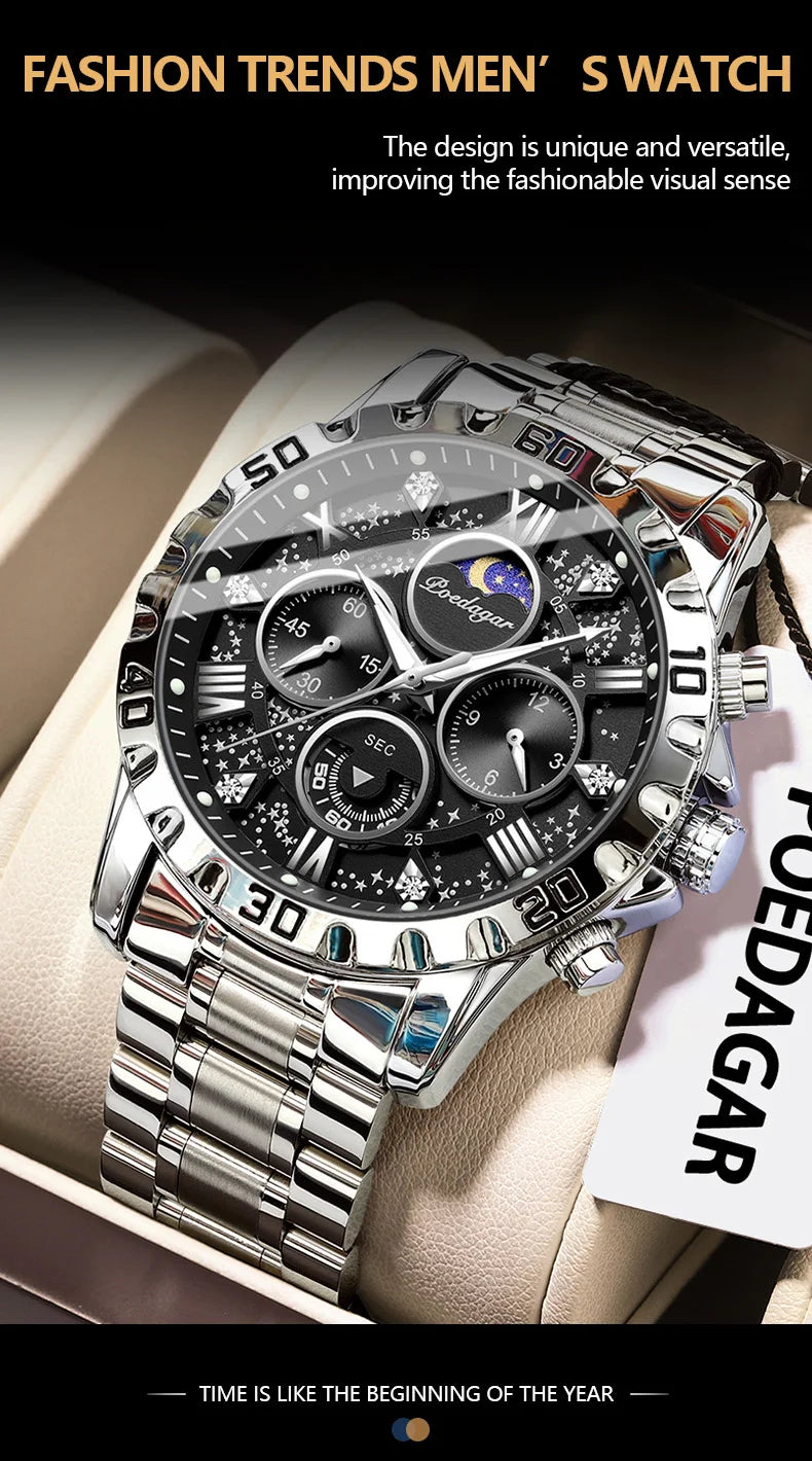 POEDAGAR Luxury Brand Men Watch Chronograph Waterproof Stainless Steel Luminous Male Watch Quartz Fashion Watches For Men Reloj