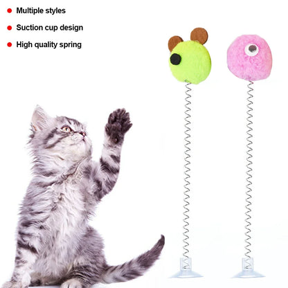 1pc Feather Spring Cat Interactive Toy Suction Cup Cat Fur Ball Teaser Wand Toys Cat Scratcher Toys Pet Supplies Random Color