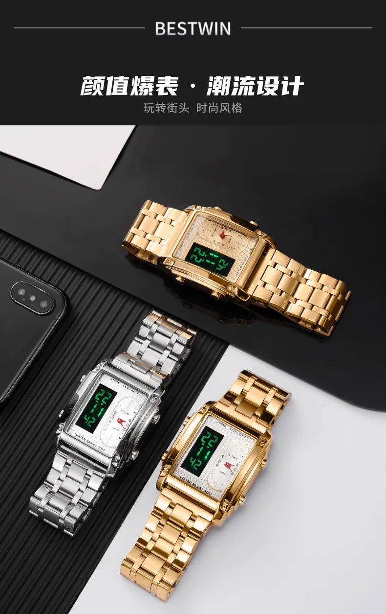 Gold Men Watches Stainless Steel Band Dual Display Men Sports Digital Watches For Male Clock Chronograph Date Waterproof Luxury
