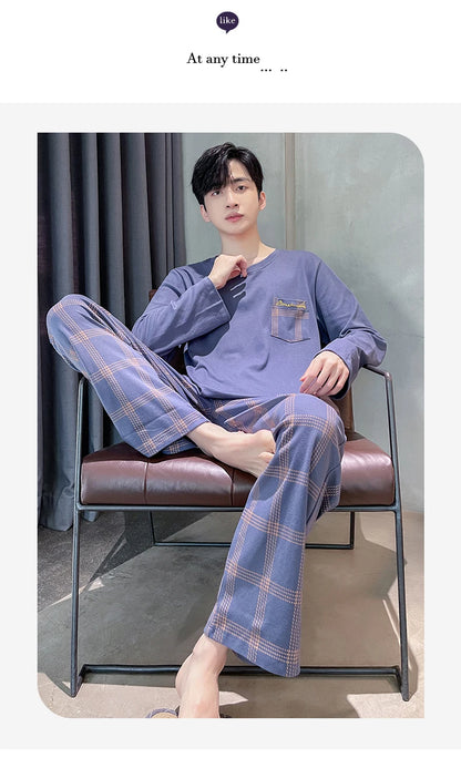 Spring Autumn Plus 4XL Knitted Men's Sleepwear Letter Lattice Pajamas Plaid Pajamas Sets Casual Loungewear Pyjamas Night Fashion