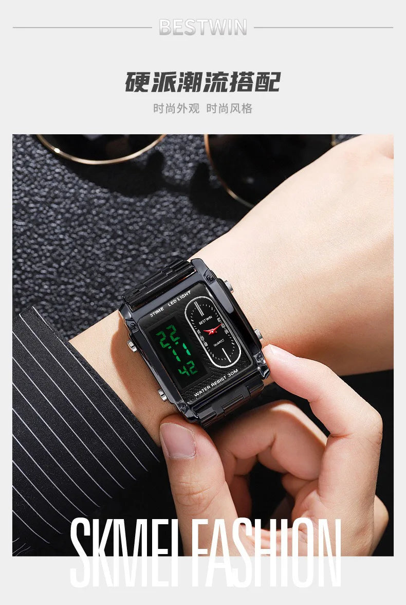 Gold Men Watches Stainless Steel Band Dual Display Men Sports Digital Watches For Male Clock Chronograph Date Waterproof Luxury