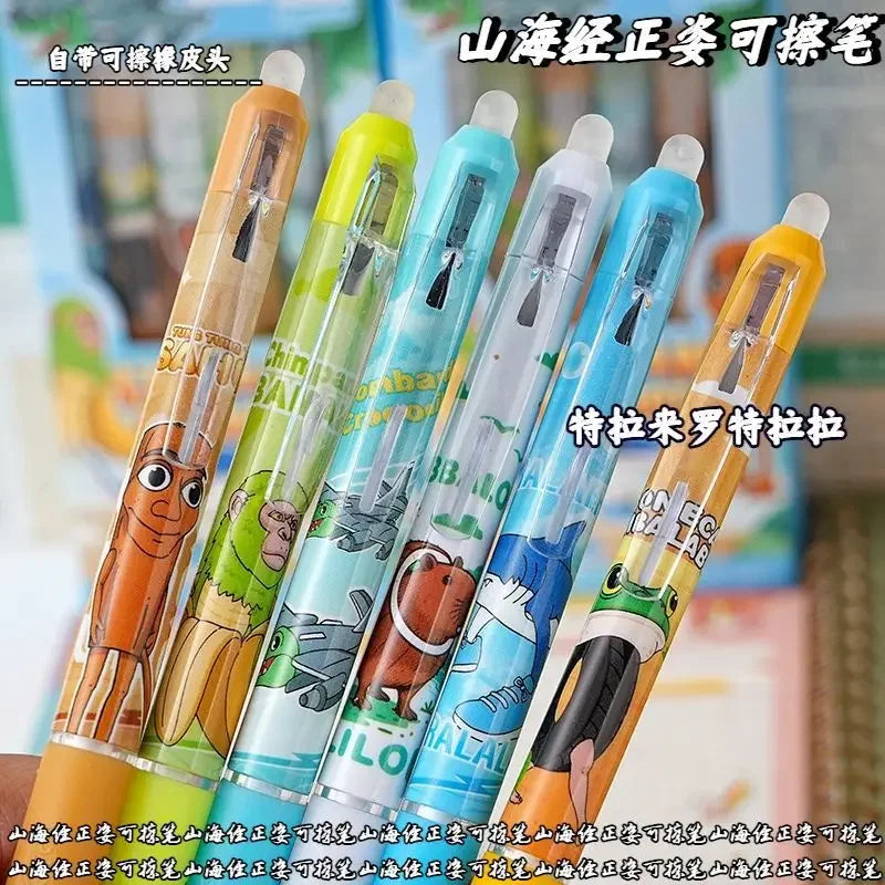 6/12PCS Italian Brainrot Tung Erasable Gel Pen Cute Anime Cartoon Quick Drying Black 0.5mm Ballpoint Pen Stationery Supplies
