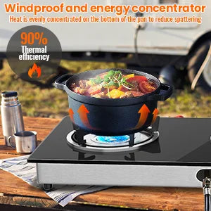 28,000 BTU 2-portable Gas stove, tempered glass cooking plate, pizo ignition, high power indoor and camping