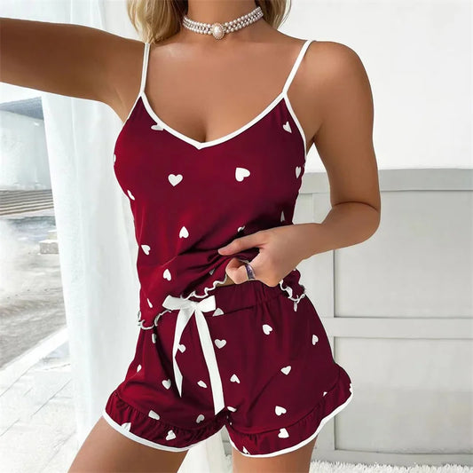 Summer 2pieces Pajama Set for Women Sleepwear Spaghetti Strap Vest Top and Shorts Soft Casual Cute Printed Longewear