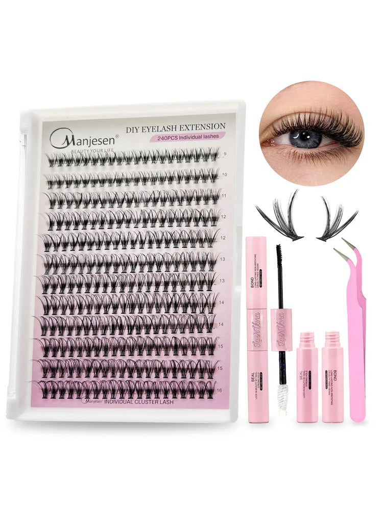 DIY Cluster Extension Lashes Kit 240 Bunches Individual Lashes Set Wispy Fluffy False Eyelashes with Glue and Tweezer