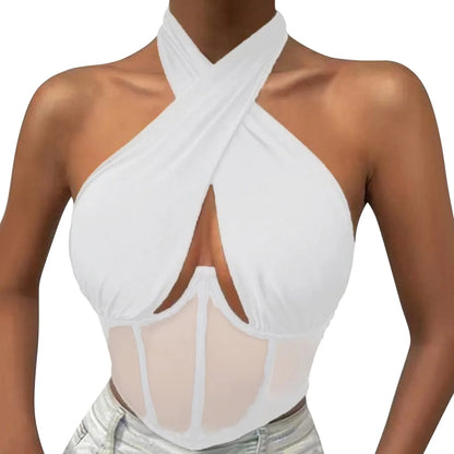 Women Sleeveless Fishbone Corset Vest Solid Hollow Out Cropped Top Summer Halter Backless Sexy Tops Y2k Camis Ropa De Mujer