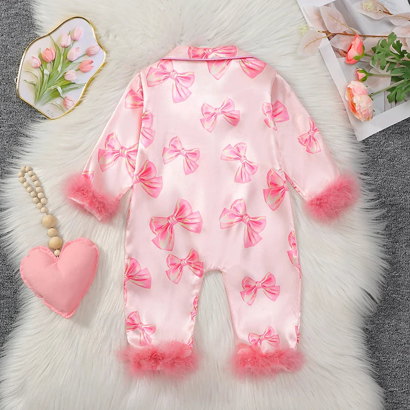 VISgogo Baby Girls Pajamas Long Sleeve Bow Print Furry Patchwork Button Closure Jumpsuit Sleepwear Loungewear