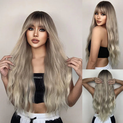 HENRY MARGU Long Brown Wavy Synthetic Wigs Middle Part Natural  Curly Wig for Black Women Cosplay Daily Heat Resistant Fake Hair