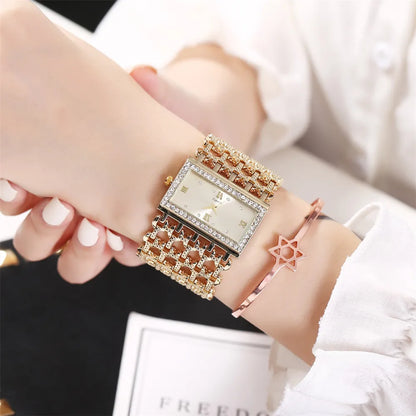Luxury Ladies Simple Diamond Set Square Bracelet Quartz Watches Fashion Gold Stainless Steel Skeleton Women Clock Dress Watch