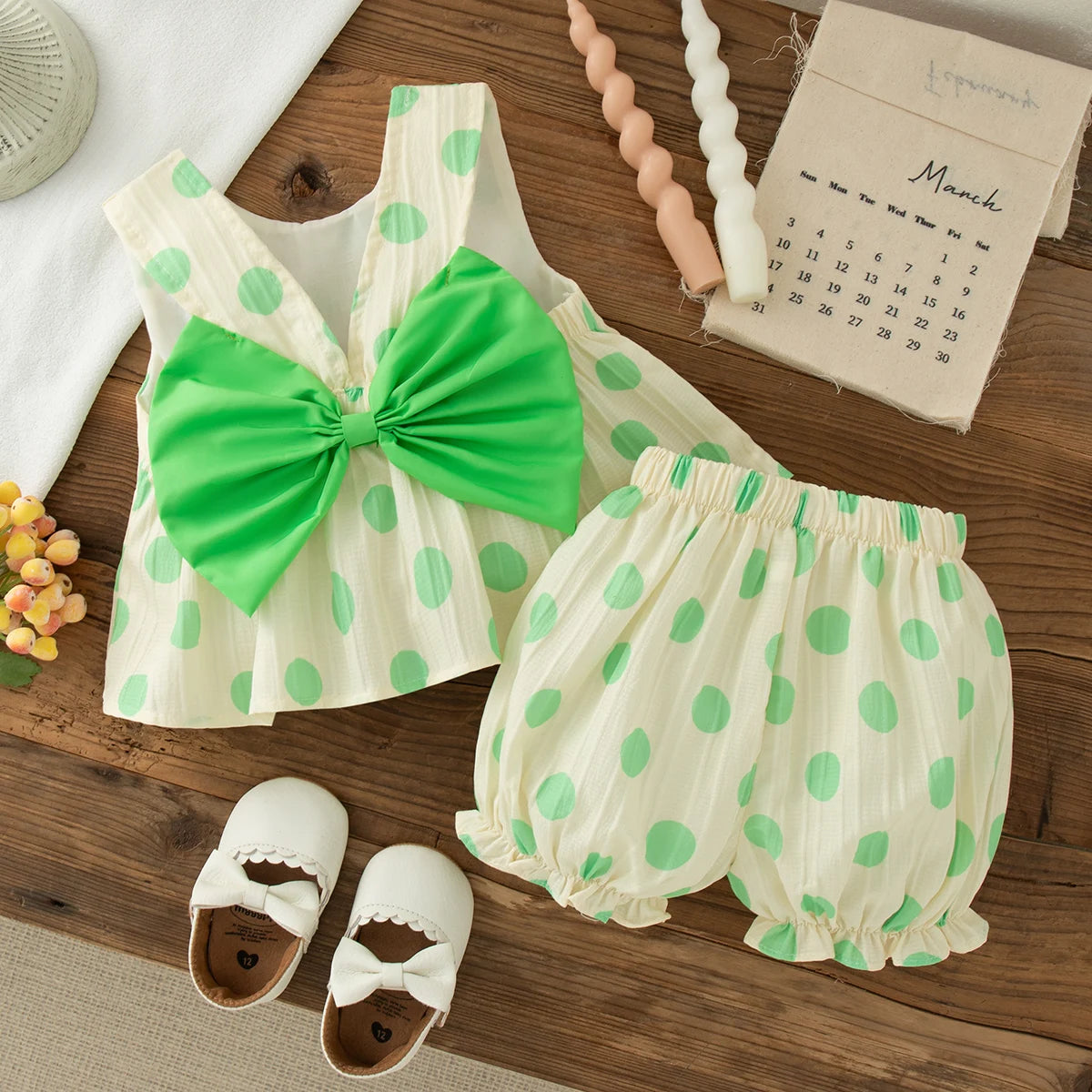 Toddler Girls 2 Piece Set Korean Style Polka Dot Bow Sleeveless Top & Shorts Newborn Baby Summer Cotton Casual Outfit for Play