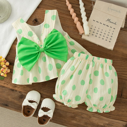 Toddler Girls 2 Piece Set Korean Style Polka Dot Bow Sleeveless Top & Shorts Newborn Baby Summer Cotton Casual Outfit for Play