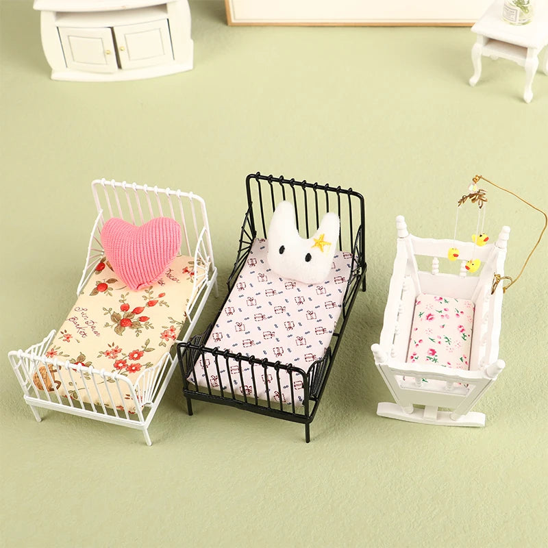 1:12 miniature bed for dolls Dollhouse Iron doll bed Furniture toy children simulation house role play toys collection gifts