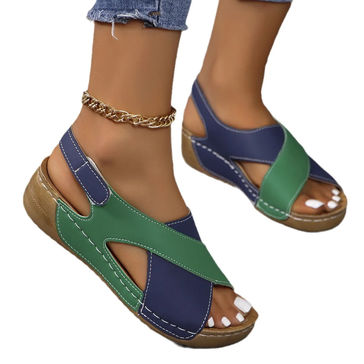 New Women's Contrast Color Wedge Sandals Summer Peep Toe Non Slip Beach Shoes Woman Comfortable Platform Roman Sandalias