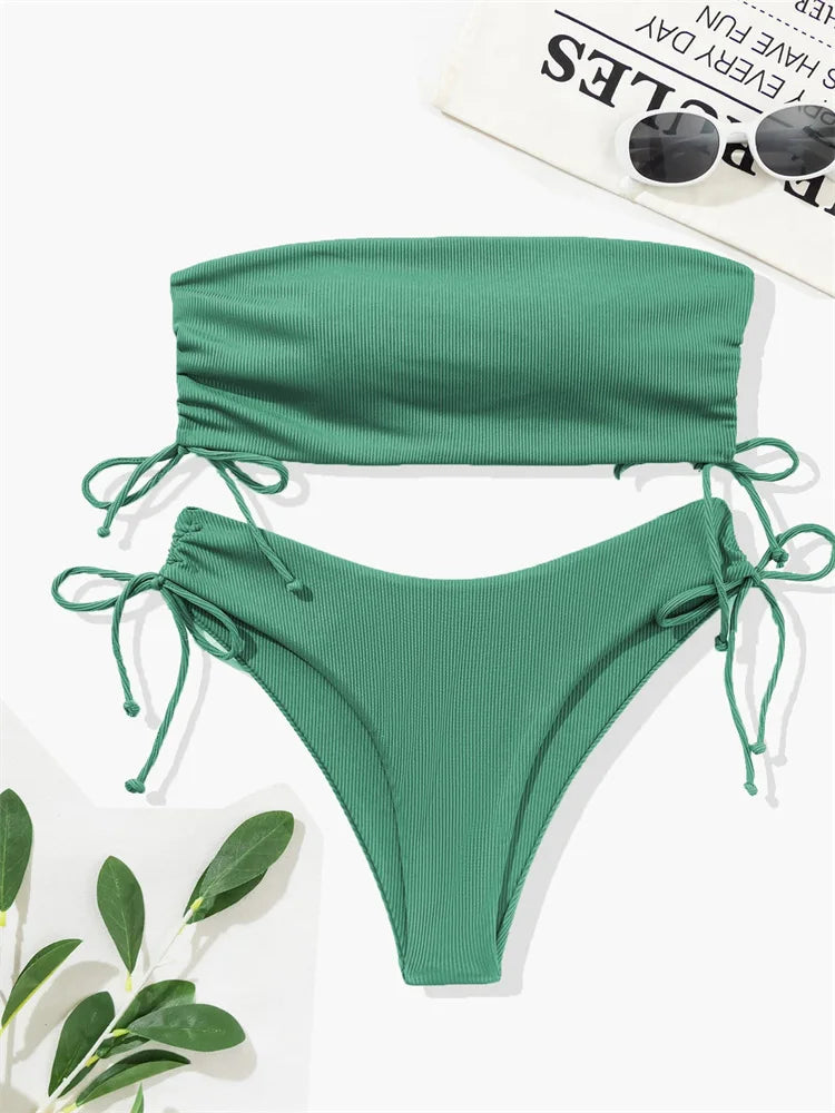 2025 Sexy Low Waist Swimwear New Solid Bandeau Bikini Set Women Push Up Drawstring Beachwear Swimsuit Backless bathing suit
