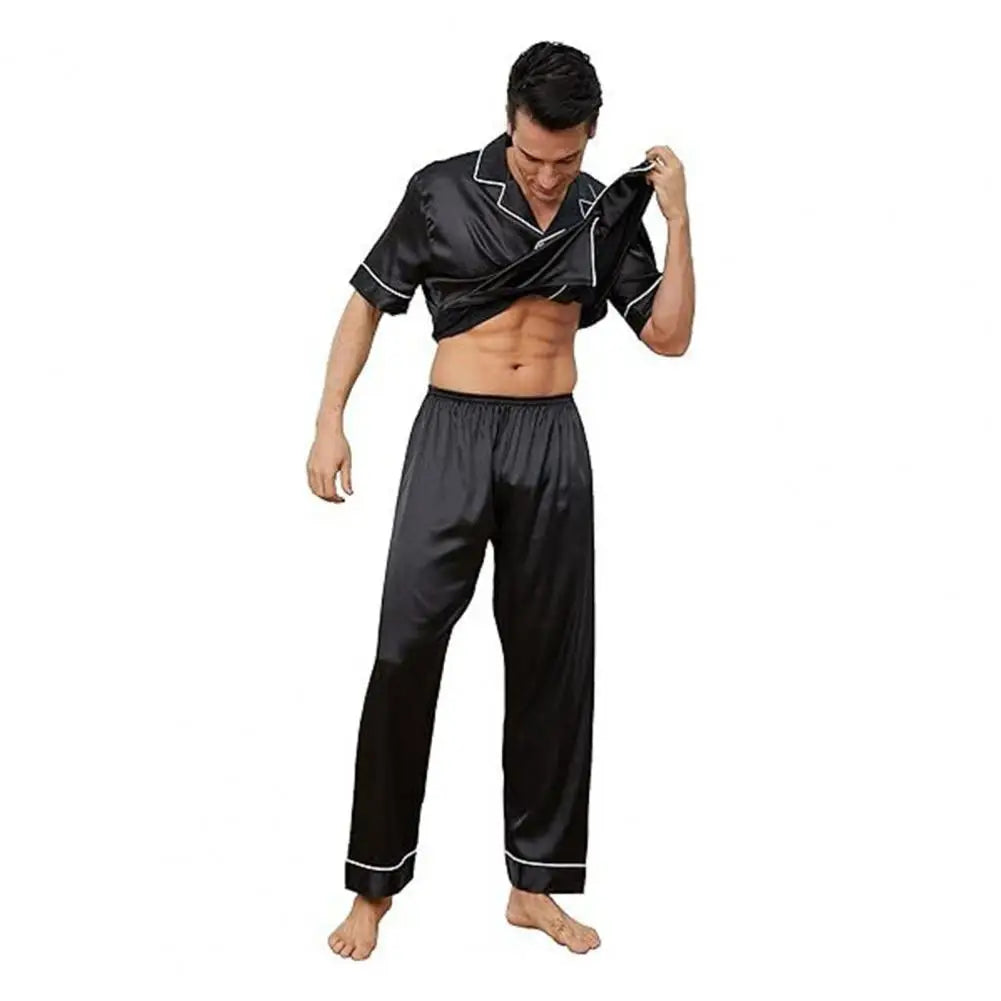 2Pcs/Set Silk Satin Men Pajama Set Notch Collar Button Down Pajama Top with Chest Pocket Elastic Waist Bottoms Set Sleepwear