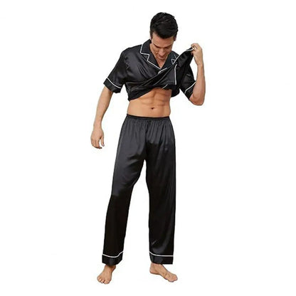 2Pcs/Set Silk Satin Men Pajama Set Notch Collar Button Down Pajama Top with Chest Pocket Elastic Waist Bottoms Set Sleepwear
