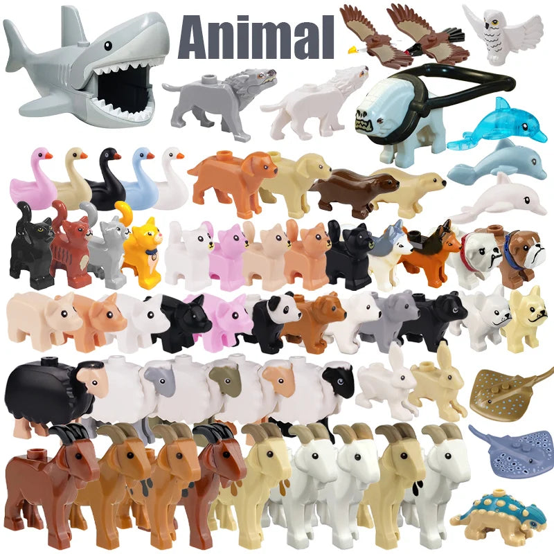City Animal Zoo Farm Series Building Blocks Street View Panda Brown Bear Cat Pig Long Wool Sheep Cow Cattle Pet Bricks Toys Kids