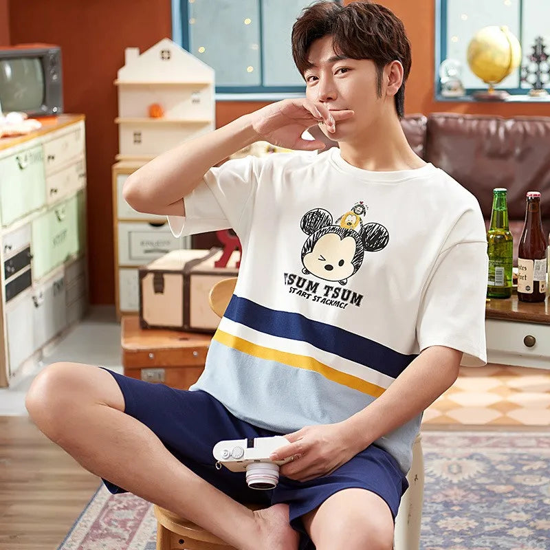 Cotton Pajamas Men Autumn and Winter Short Sleeve Shorts Loose Teen Cartoon Casual Loungewear Set Large Size Short Sleepwear