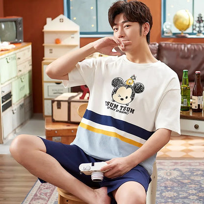 Cotton Pajamas Men Autumn and Winter Short Sleeve Shorts Loose Teen Cartoon Casual Loungewear Set Large Size Short Sleepwear