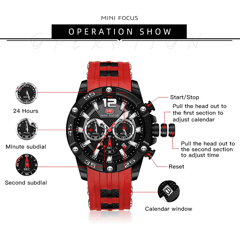 MINI FOCUS Multifunctional Sports Quartz Watch Mens Watches Waterproof Chronograph Wrist Watch with Date Luminous Hands 0349G