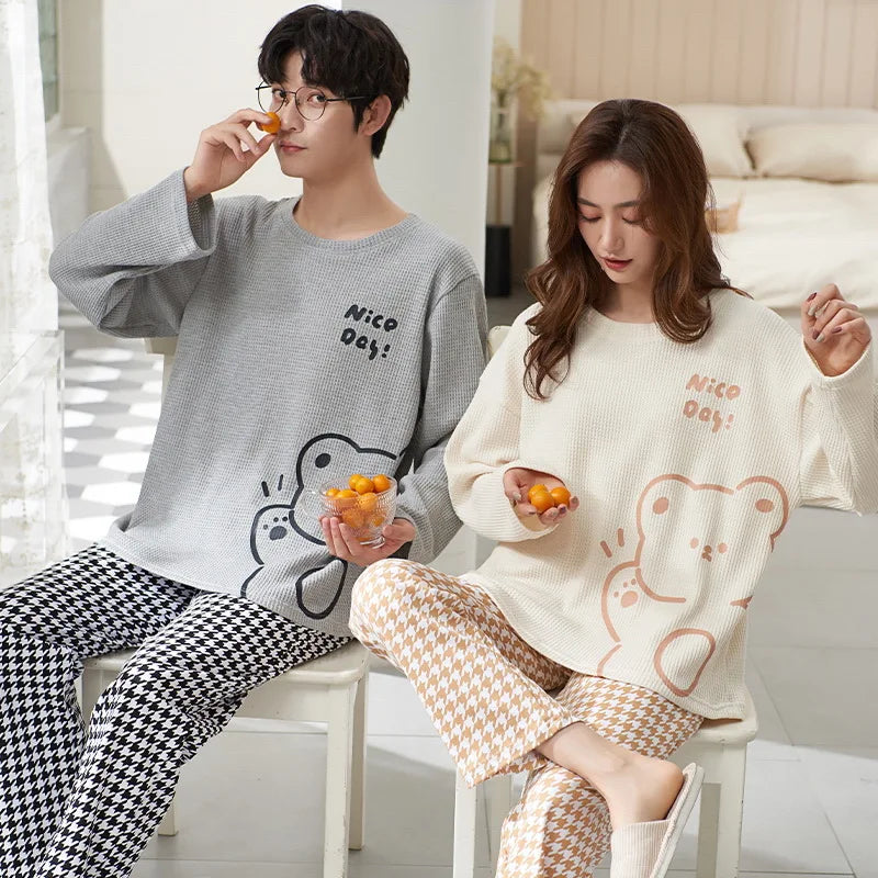 Autumn Couple Pajamas Sets Cartoon Men Sleepwear Leisure Cotton Plus Size Long Sleeve Women Homewear pijama Homme Mujer Dropship