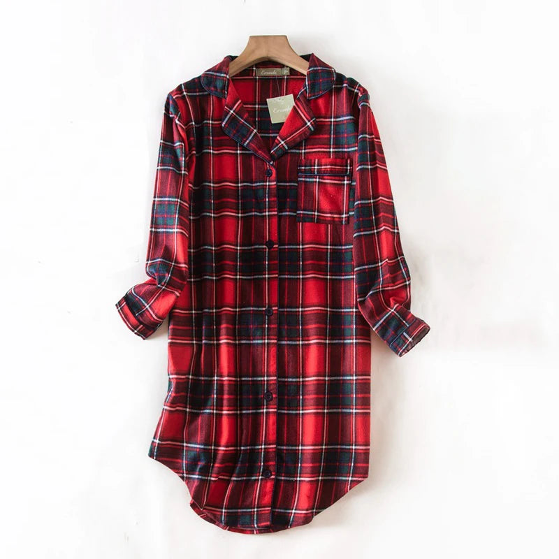 Nightgown 100% Brushed Cotton Nightshirts Women's Sleepwear Long Sleeve Plaid Winter Oversize Sleep Dress Women Home Clothes