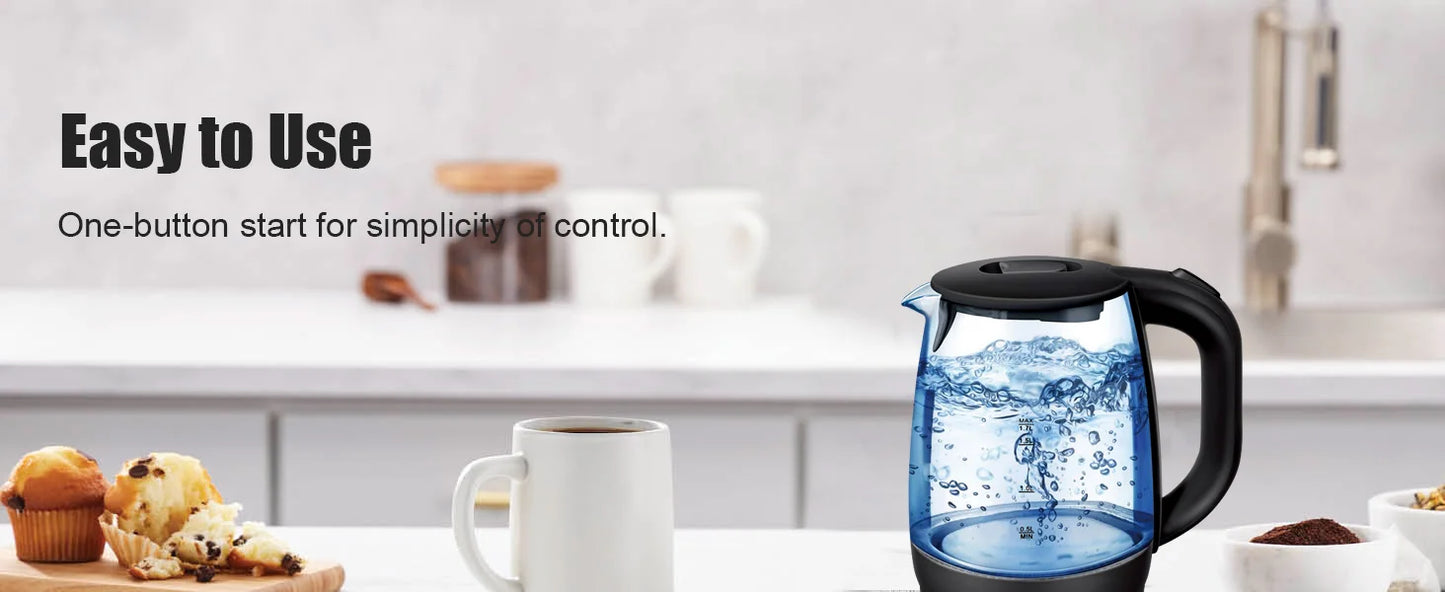 Sonifer 1.7L Glass Electric Kettle SF-2079, 2200W Fast Boil, Cordless, Blue LED Light, Auto Shut-Off, Dry Boil Protection