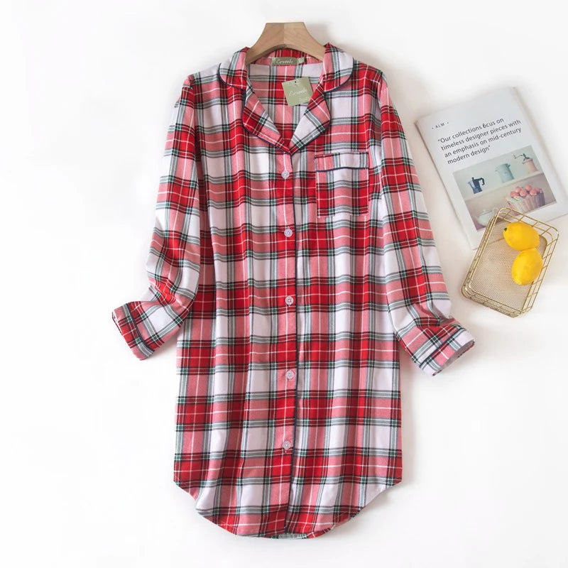Nightgown 100% Brushed Cotton Nightshirts Women's Sleepwear Long Sleeve Plaid Winter Oversize Sleep Dress Women Home Clothes