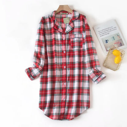 Nightgown 100% Brushed Cotton Nightshirts Women's Sleepwear Long Sleeve Plaid Winter Oversize Sleep Dress Women Home Clothes
