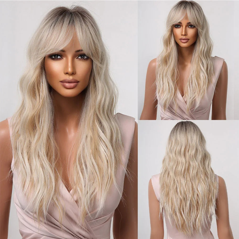 HENRY MARGU Long Brown Wavy Synthetic Wigs Middle Part Natural  Curly Wig for Black Women Cosplay Daily Heat Resistant Fake Hair