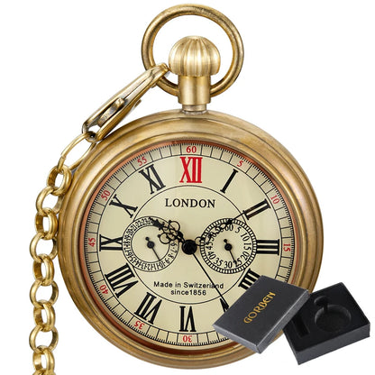 Antique Copper London 1856's Antique 5 Hands Mechanical Pocket & Fob Watches Hand Winding Skeleton Mens Pocket Watch 30Cm Chain