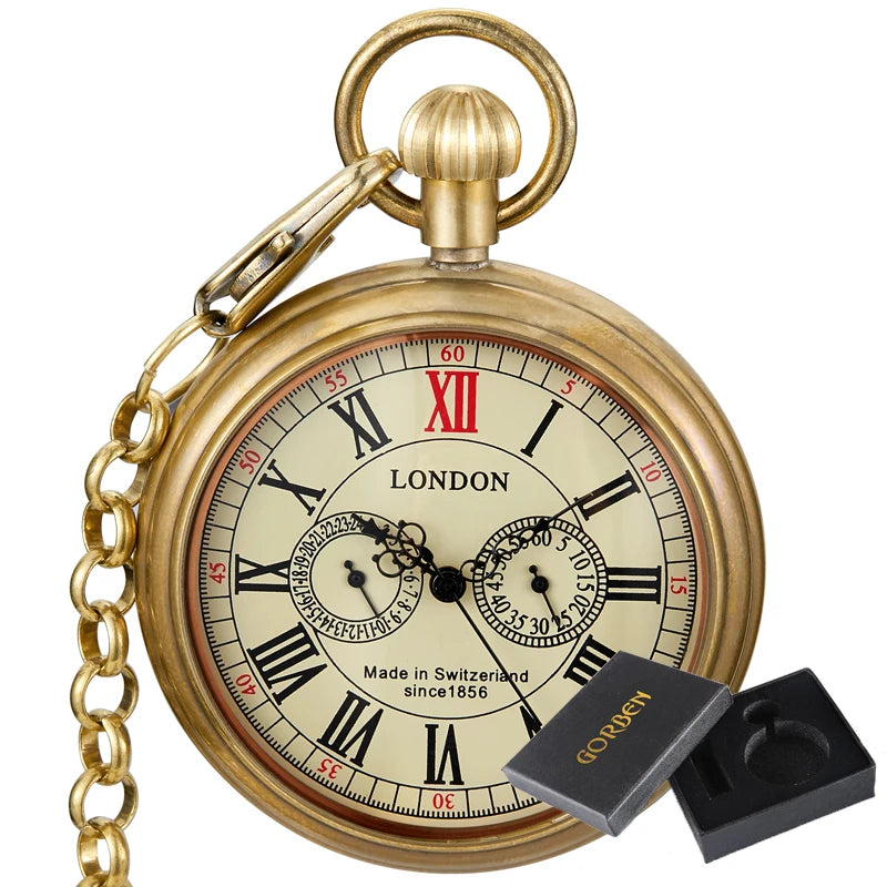 Antique Copper London 1856's Antique 5 Hands Mechanical Pocket & Fob Watches Hand Winding Skeleton Mens Pocket Watch 30Cm Chain