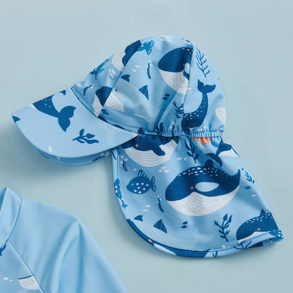 Cartoon Whale Print Children Boy Rash Guard Swimsuit with Hat Summer New Zip Up Long Sleeve Crew Neck Kids Swimwears Beachwear
