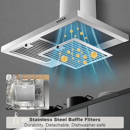 30-inch Wall Mount 450CFM - Stainless Steel Kitchen Vent Hood, Ultra Quiet 55dB, Ducted/Ductless Convertible, 3-Speed Range Hood