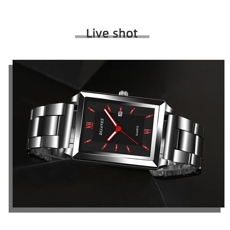 Fashion Mens Business Watches for Men Rectangle Stainless Steel Quartz Wrist Watch Man Casual Leather Watch relogio masculino
