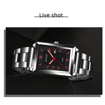 Fashion Mens Business Watches for Men Rectangle Stainless Steel Quartz Wrist Watch Man Casual Leather Watch relogio masculino