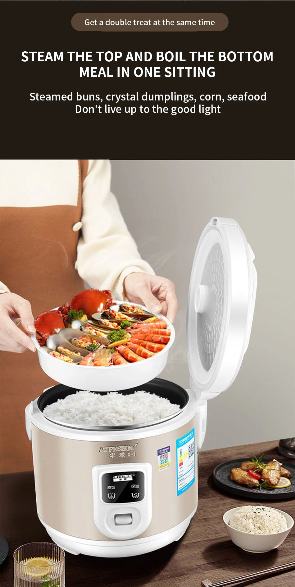 Peskoe mini Rice cooker, old-fashioned 1-2-3 person Non-stick surface cooking rice cooker, multi-function household 2L 3L 4L 5L
